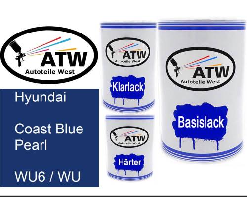 Hyundai, Coast Blue Pearl, WU6 / WU: 500ml Lackdose + 500ml Klarlack + 250ml Härter - Set, von ATW Autoteile West.